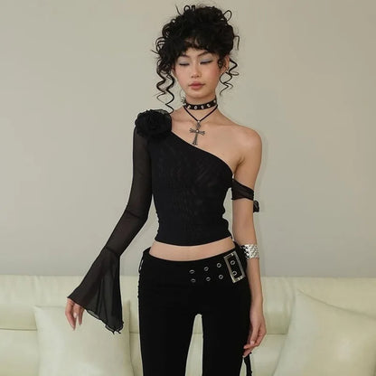 Flare Sleeve 3D Floral Lace-up Crop Top