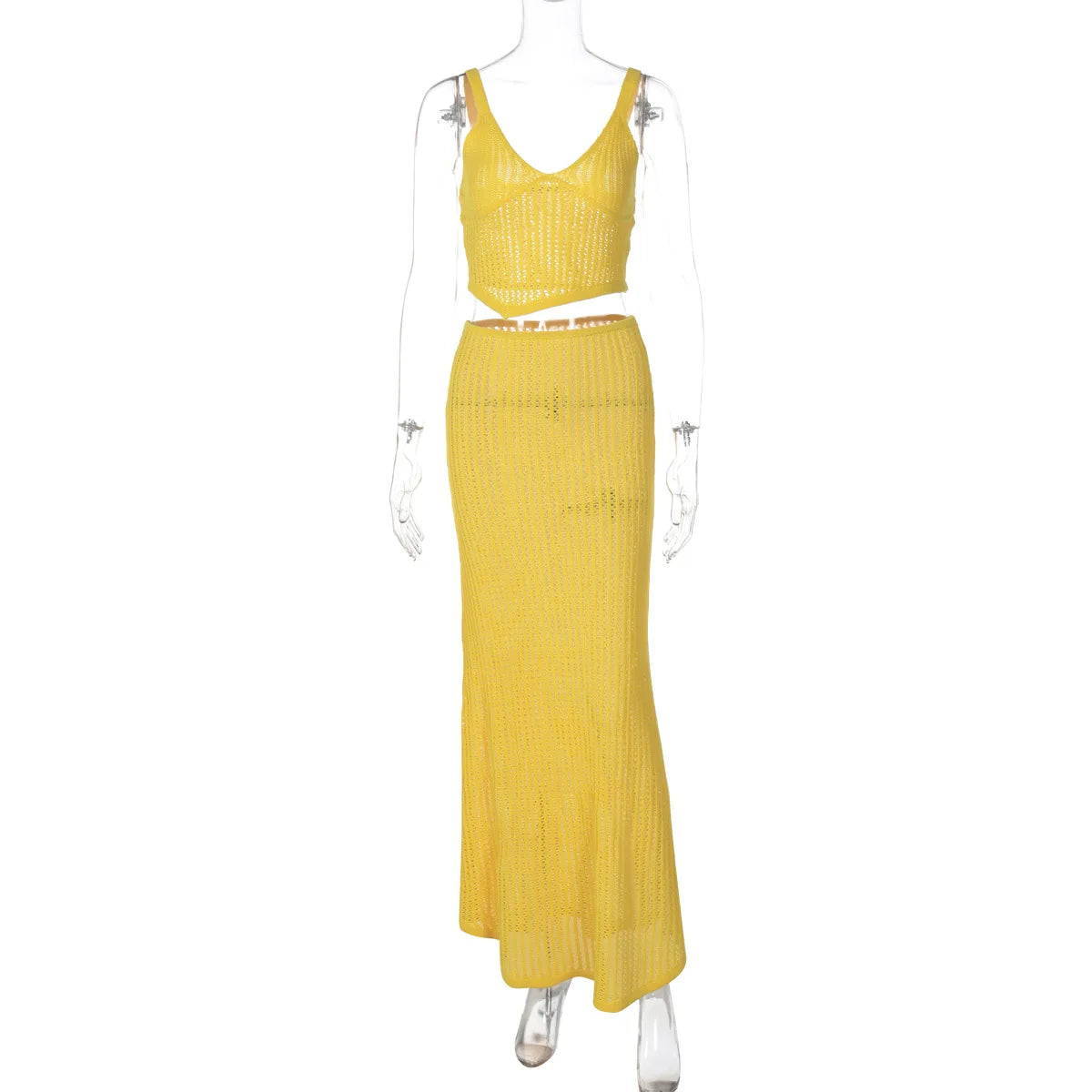 Hollow Knit Skirt Suit V Neck Navel Expose Top Long Skirt See Through Crochet Dress Set