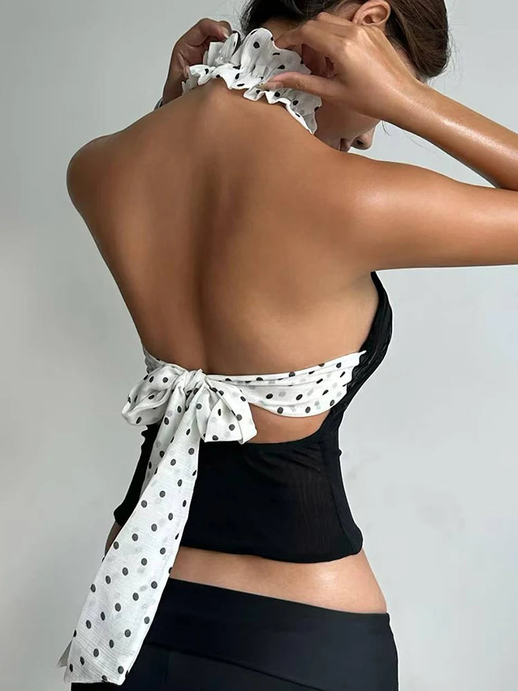 Black Mesh Halter Patchwork Polka Dots Backless Top