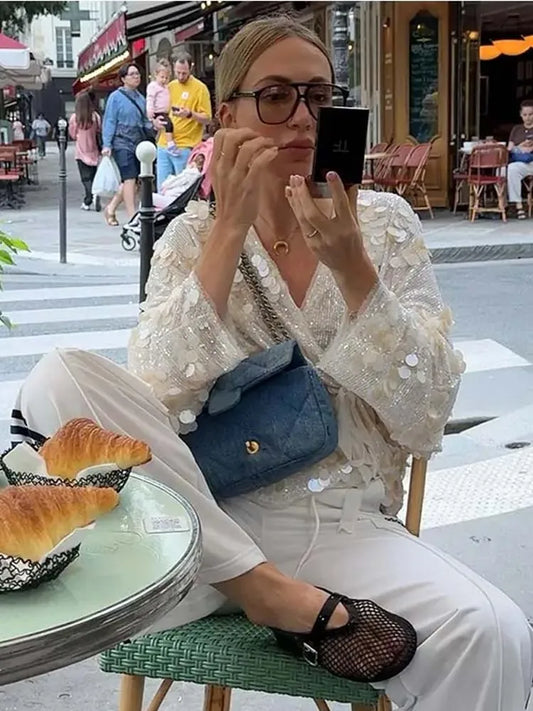 Sequin Kimono Jacket Coat Long Sleeve V Neck Loose Outer Lady Wrap