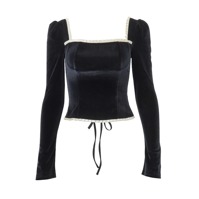 Black Square-Neck Patchwork Long Sleeve Top