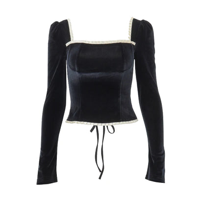 Black Square-Neck Patchwork Long Sleeve Top