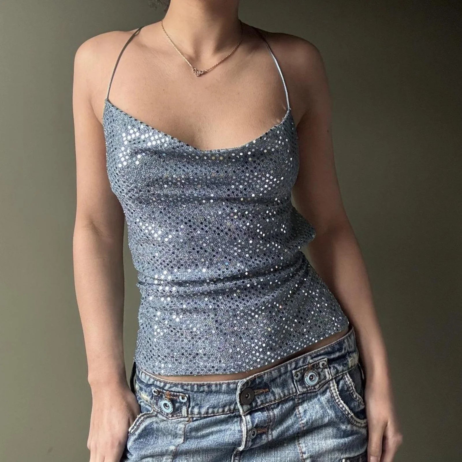 Blue Sequins Backless Halter Sleeveless Top