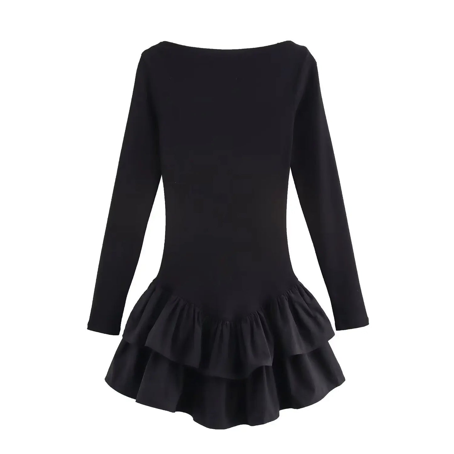 Ruffl Splice Mini Dress Solid Long Sleeve Office Dress Frill Dress