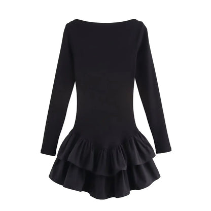 Ruffl Splice Mini Dress - Elegant Long Sleeve Office Dress Black