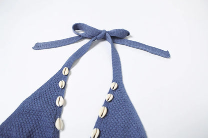Blue Crochet Backless Pearl Halter Bodycon Dress
