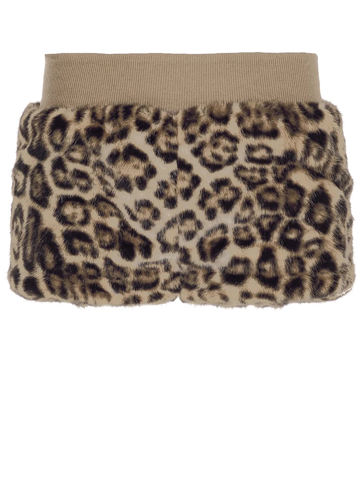 Leopard Print Furry Patchwork Shorts Indie Folk Bottoms