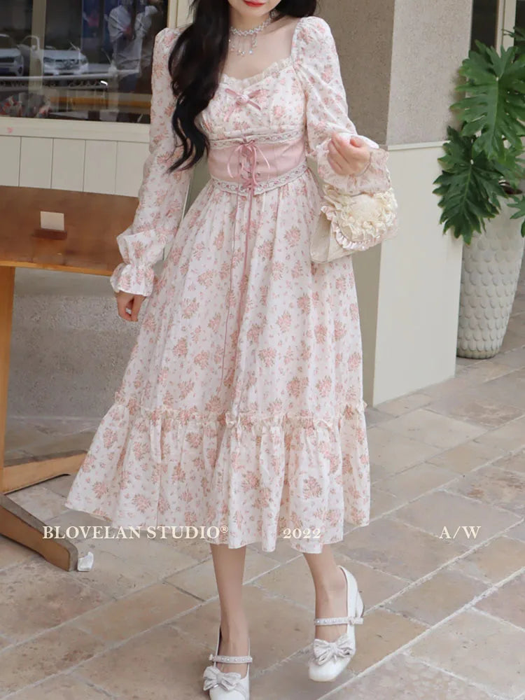 Spring Pink Floral Dress Bandage Lace Print Dress Puff Sleeve Kawaii Dress Princess Fairy