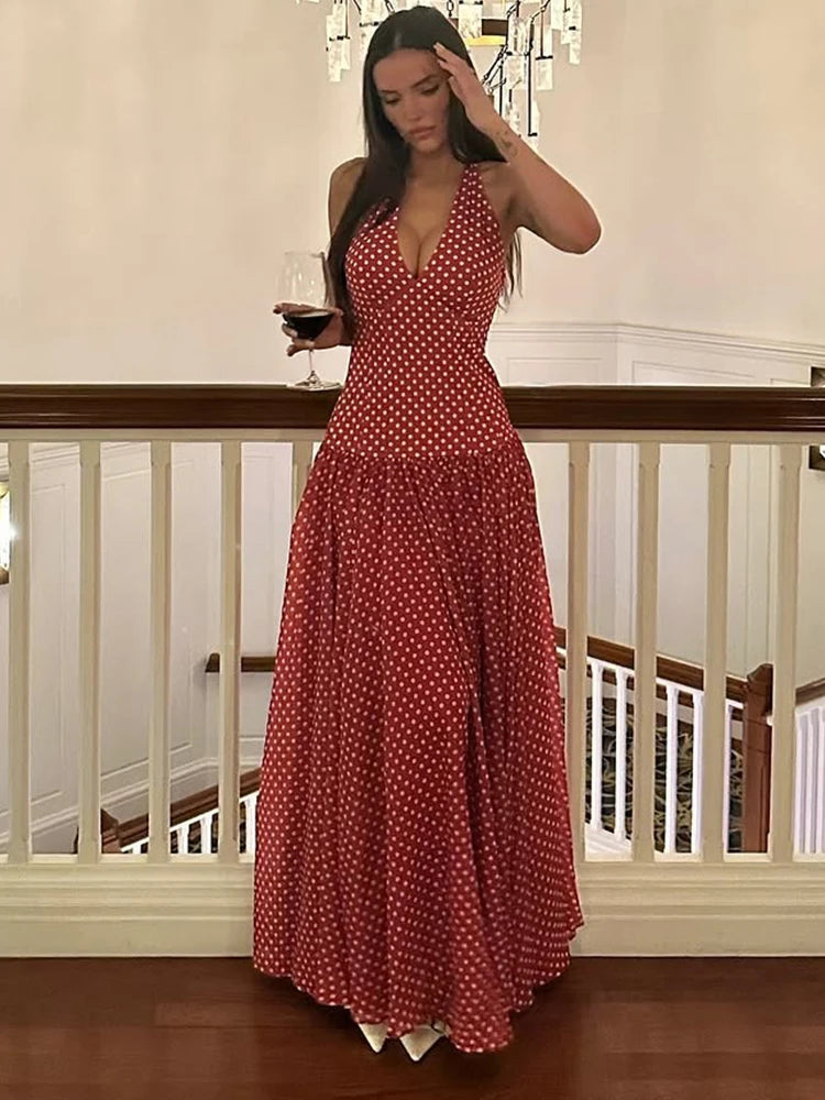 Red Polka Dot Halter Backless A-Line Maxi Dress