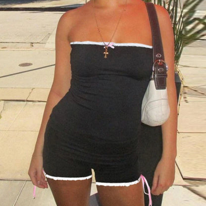 Lace Patchwork Off-Shoulder Bodycon Romper with Bow