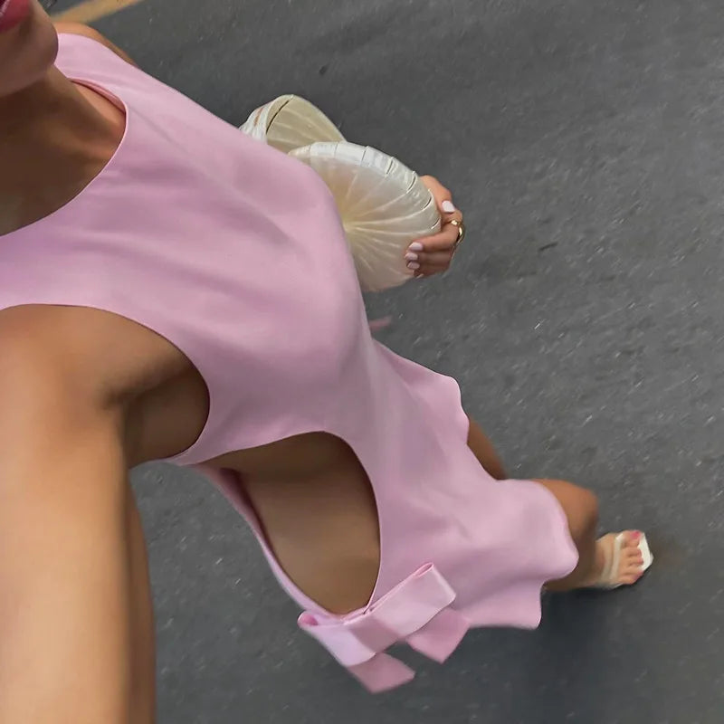Pink Satin Hollow Out Bow Mini Dress
