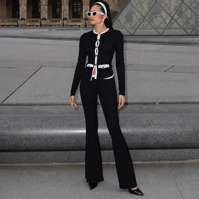 Black Knit Long Sleeve Cardigan and Flare Pants Two Piece Set