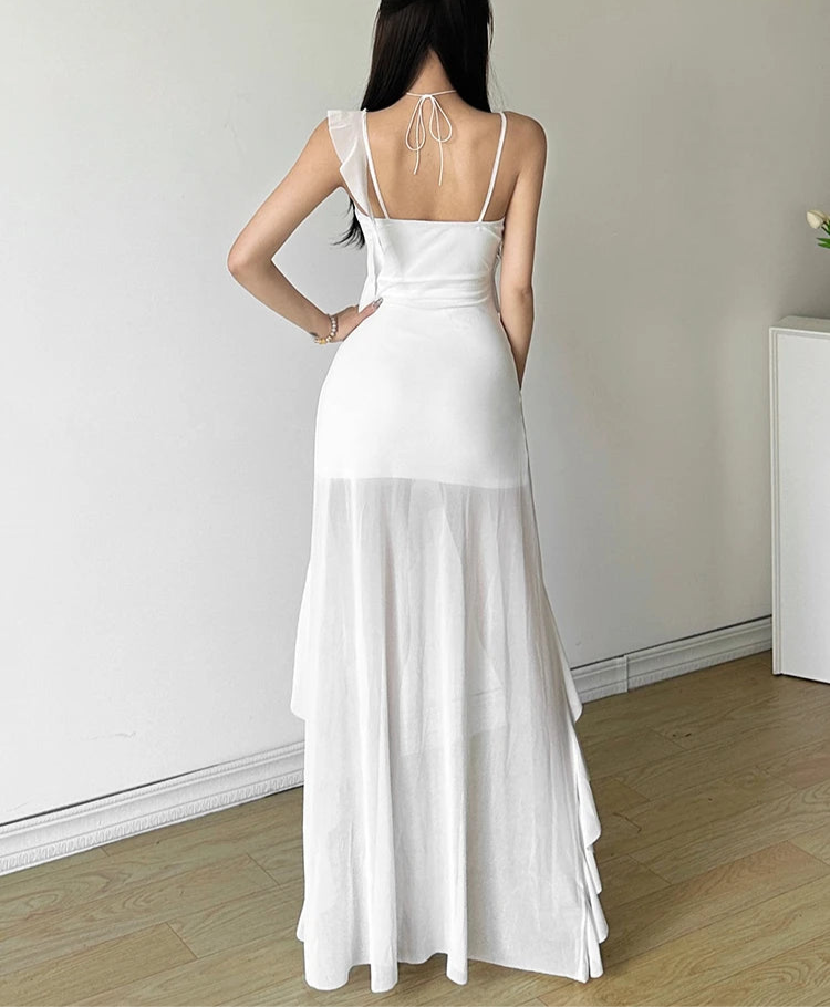 White Ruffles Long Sling Dress