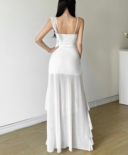 White Ruffles Long Sling Dress