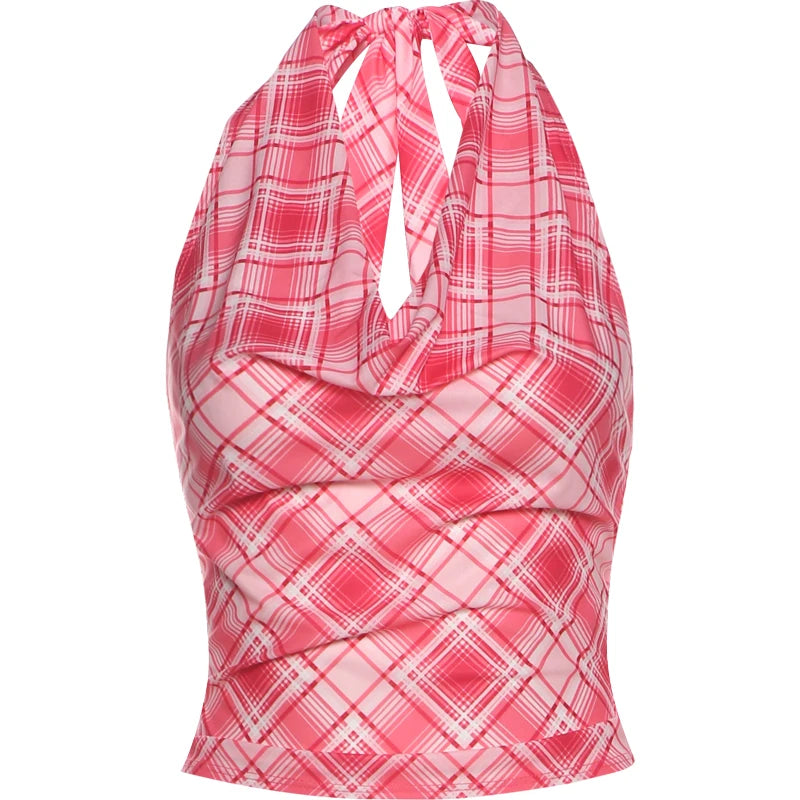 Red Plaid Halter Bandage Backless Top