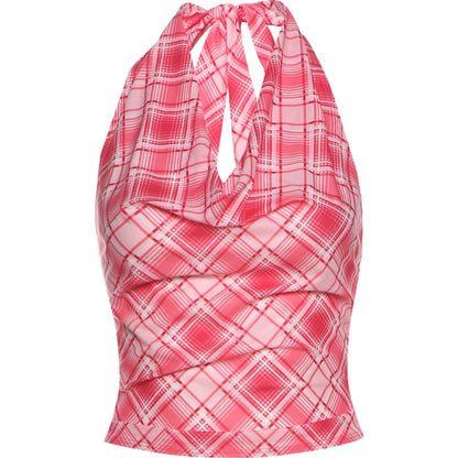 Red Plaid Halter Bandage Backless Top