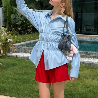 Ladies Long Sleeve Scrunched Blouse with Turn Down Collar