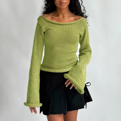 Knit Off Shoulder Slim Long Bell Sleeve Sweater