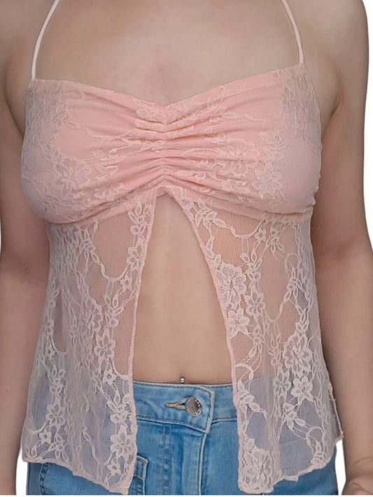 Lace Camisole Backless Lace-up Retro See-through Bustiers Fairycore Halter Neck Top