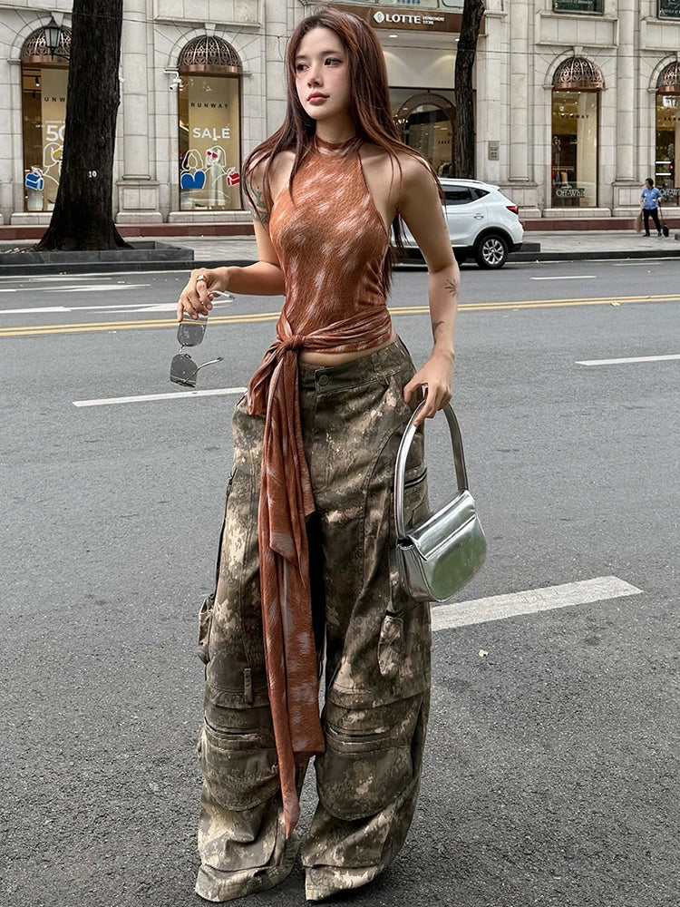 Brown Lace-Up Tassel Top