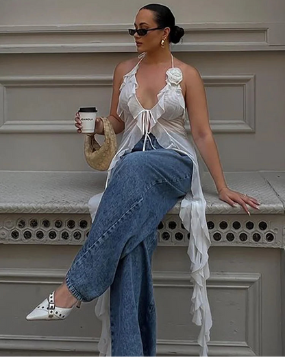 Ruffles Mesh Deep V-Neck Halter Top