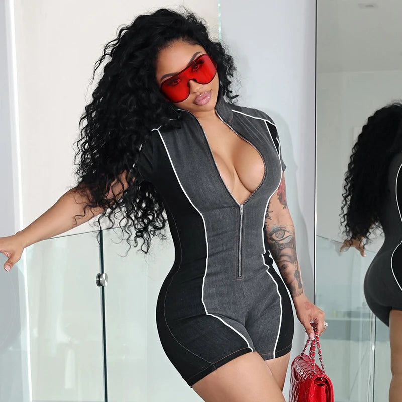 Color Collision Collar Zipper Stretch Sports Short-Sleev Playsuits