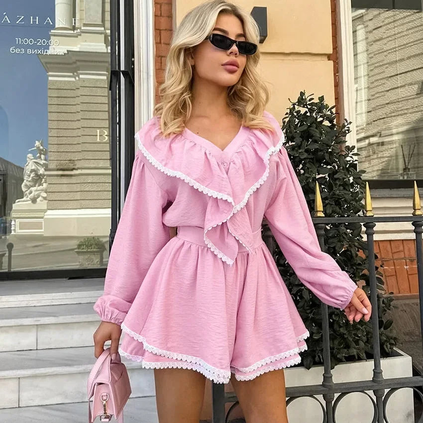 Lace Ruffl Top Shorts Set Pajamas Home Long Sleeve Top Cotton Matching Set Fall