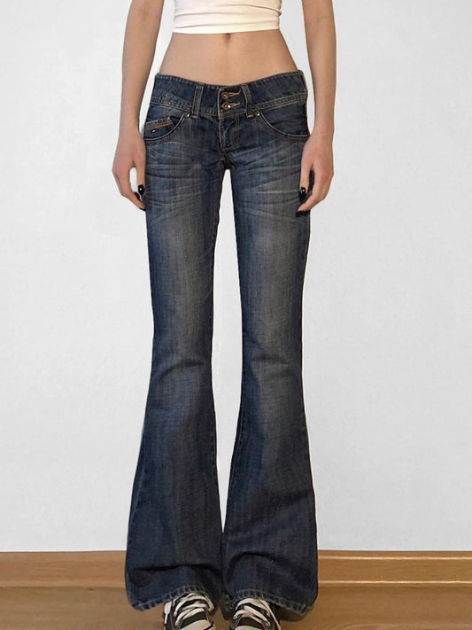 Low Waisted Washed Flared Jeans Button Pants Slim Pockets Bottoms
