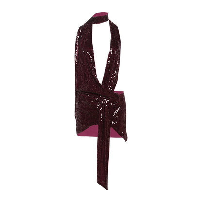 Claret Sequins Deep V Neck Backless Mini Dress