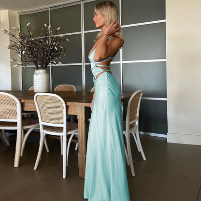 V Neck Hollow Out Backless Bodycon Maxi Dress