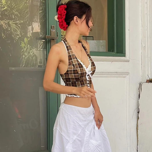 Brown Slim Halter Lace Backless Sleeveless V-Neck Ruffle Crop Top