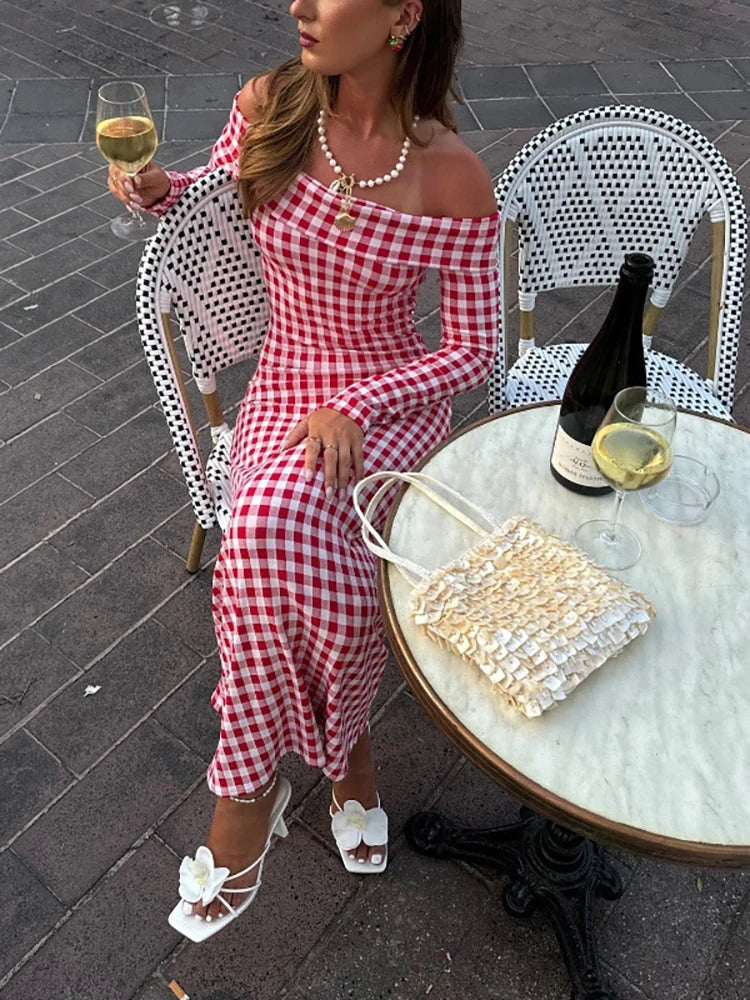 Red Plaid Off Shoulder Maxi Dress