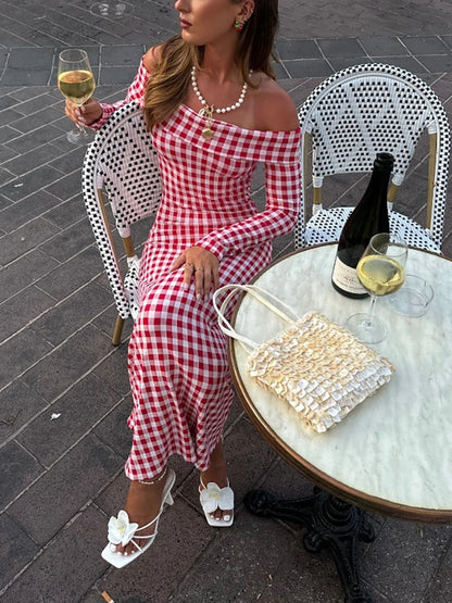 Red Plaid Off Shoulder Maxi Dress
