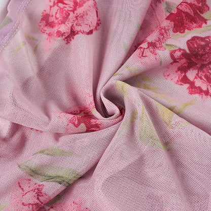 Pink Floral See Through Mesh Ruffled V-Neck Backless Top