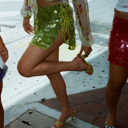 Shiny Sequin Low Waist Mini Skirt with Side Split