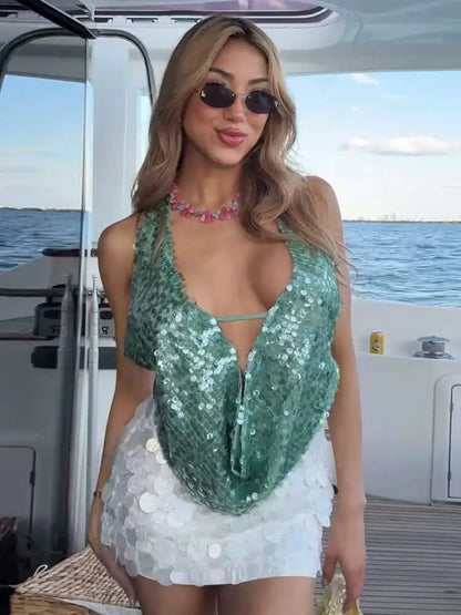 Deep V-neck Green Sequins Halter Top