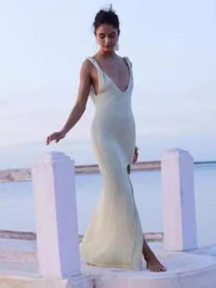 Deep V Backless Split Knit Dress Solid High Waist Maxi Dress See Through