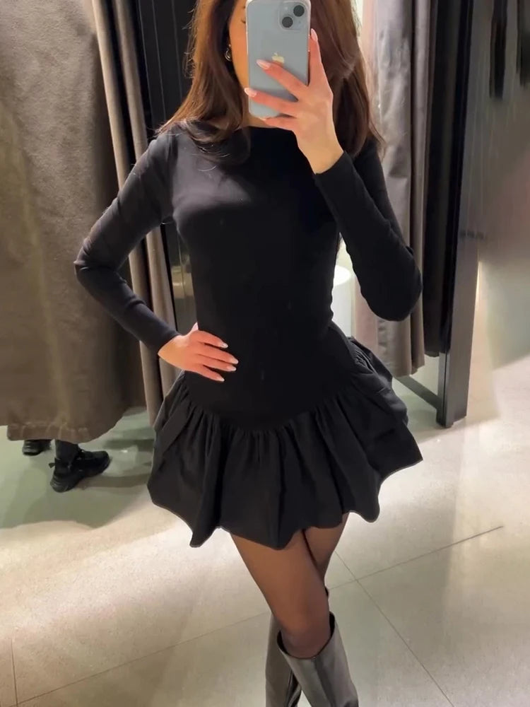Ruffl Splice Mini Dress Solid Long Sleeve Office Dress Frill Dress