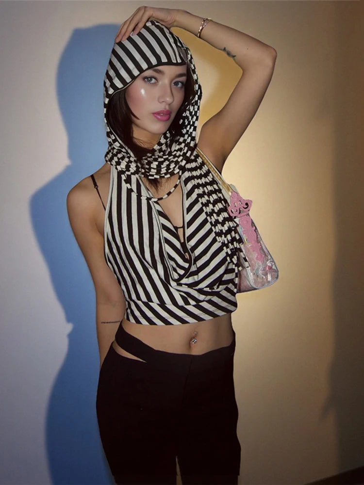 Black And White Stripes Hooded Backless Top