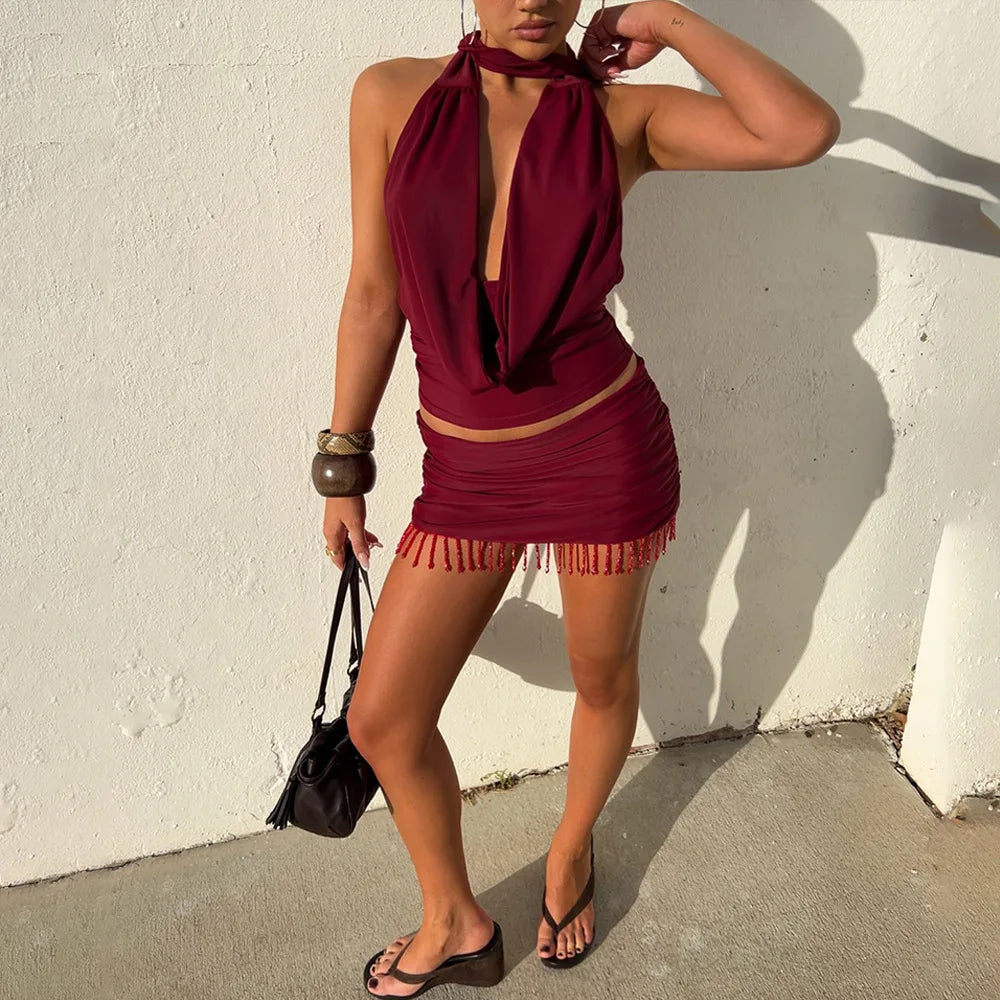 Burgundy Top and Mini Skirt Bodycon Two Piece Set