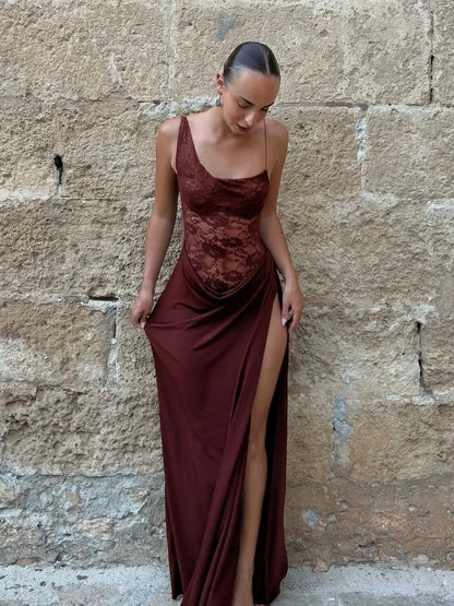 See Through Lace One Shoulder High Slit Maxi Dress
