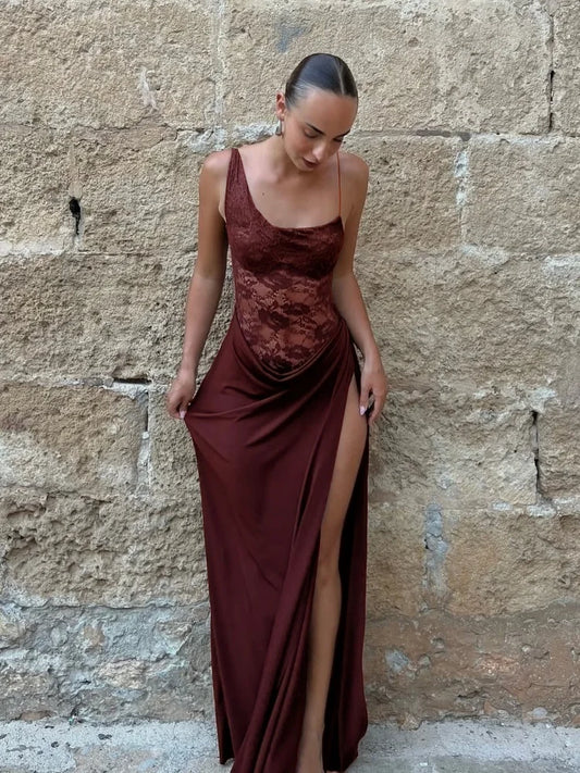 See Through Lace One Shoulder High Slit Maxi Dress