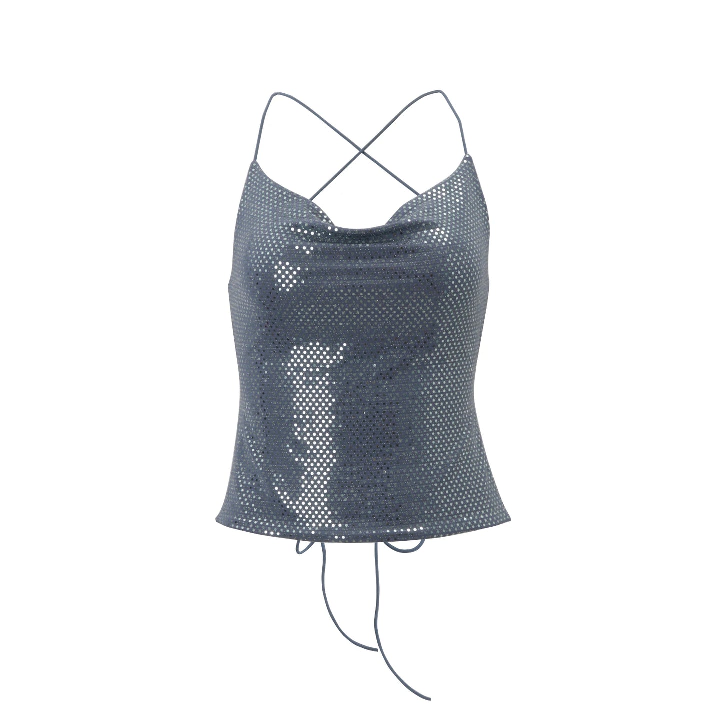 Blue Sequins Backless Halter Sleeveless Top