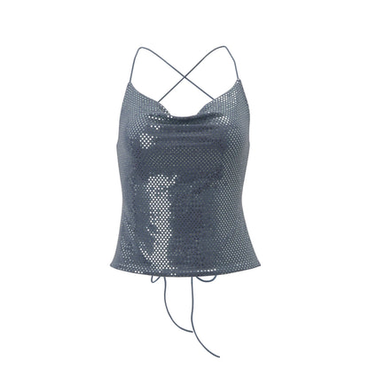 Blue Sequins Backless Halter Sleeveless Top