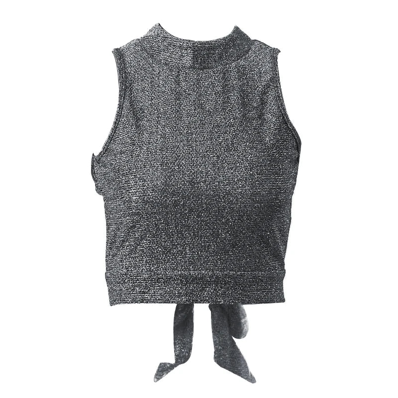 Gray Backless Glitter Sleeveless Crop Top