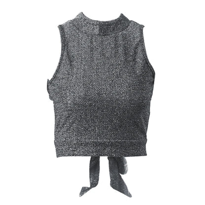 Gray Backless Glitter Sleeveless Crop Top