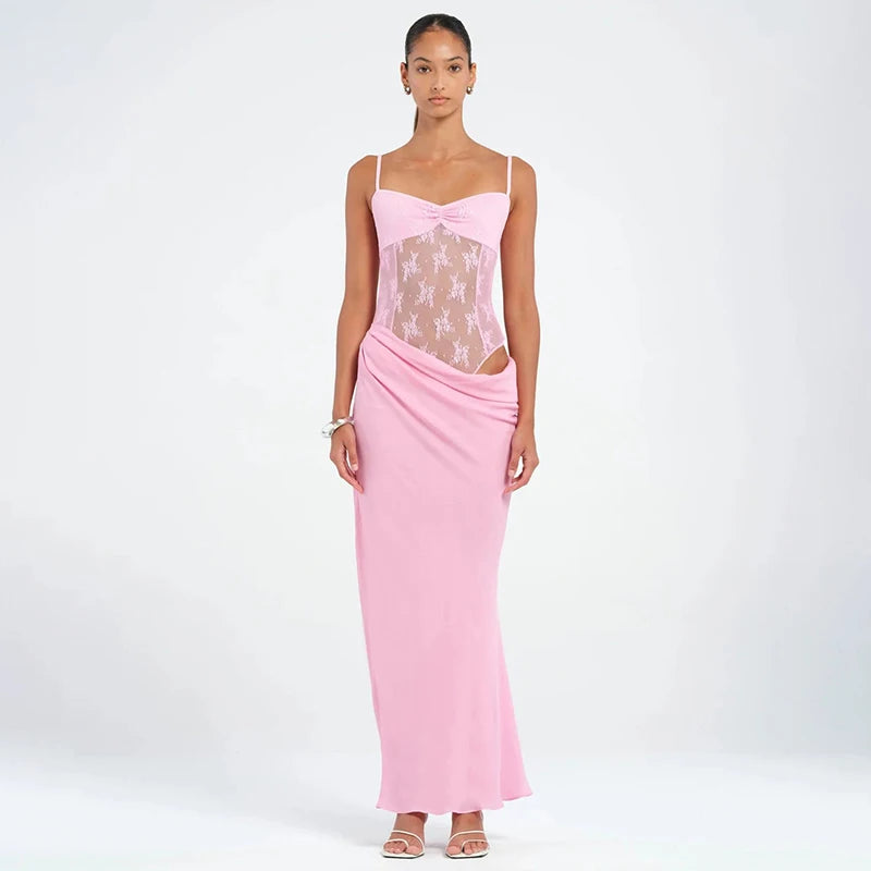 'S Spring And Color Camisole Lace Tight Patchwork Dress Hollow Out See-Through Fishtail Dress