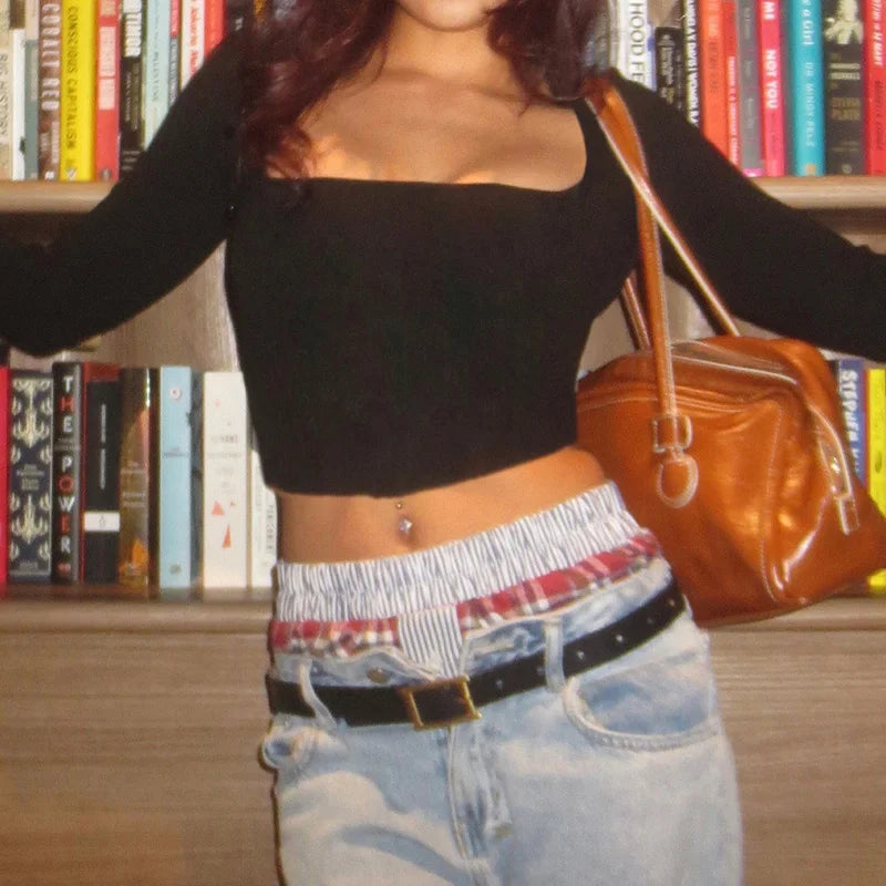 Square Collar Tee Shirts Crop Top Long Sleeves Fur Cuff Slim Kintted
