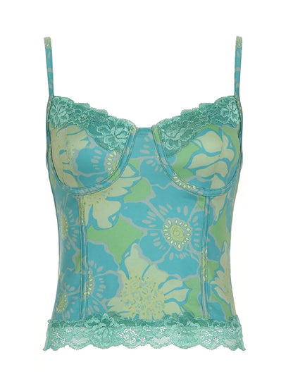Floral Print Bustier Fairycore Top with Lace Patchwork