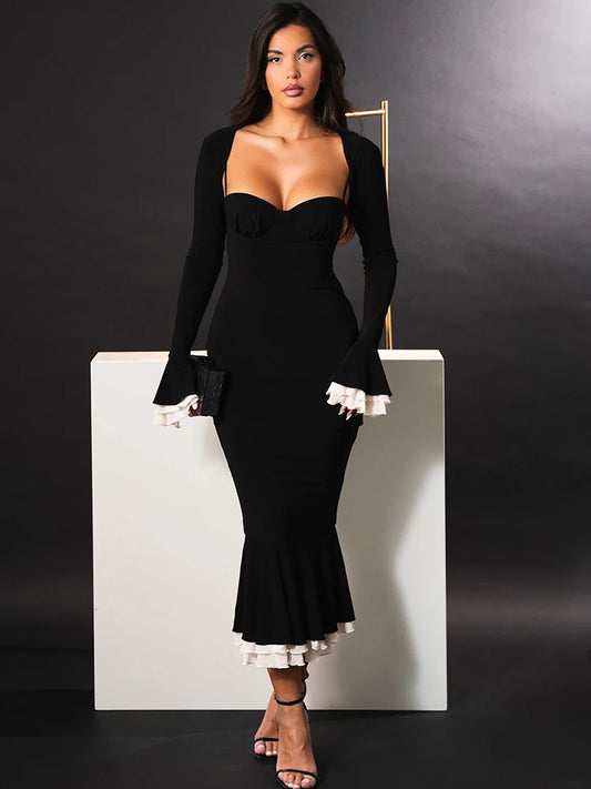 Square Collar Two Piece Sets Mermaid Dress Flare Sleeve Evening Dress